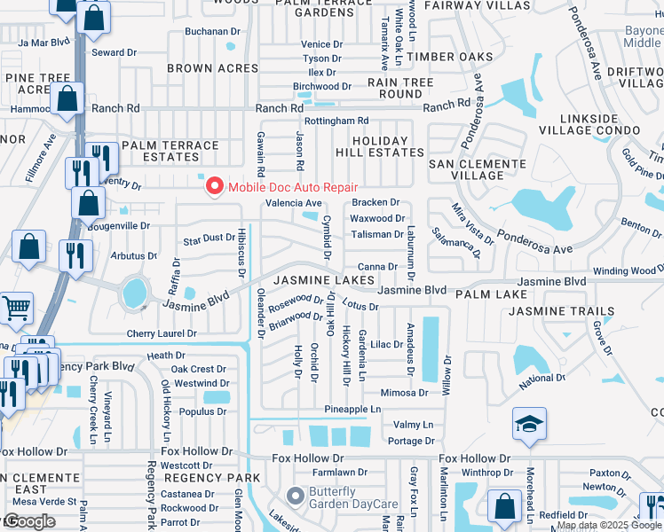 map of restaurants, bars, coffee shops, grocery stores, and more near 10516 Cymbid Drive in Port Richey