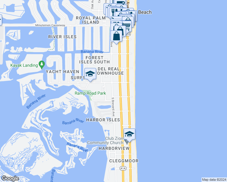 map of restaurants, bars, coffee shops, grocery stores, and more near 301 Ramp Road in Cocoa Beach