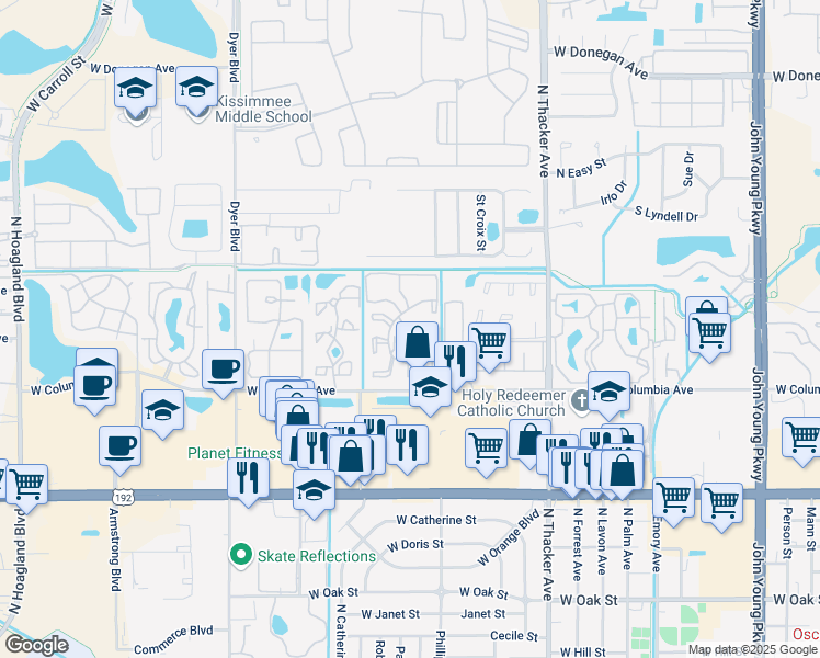 map of restaurants, bars, coffee shops, grocery stores, and more near 1916 Harbor Bay Court in Kissimmee