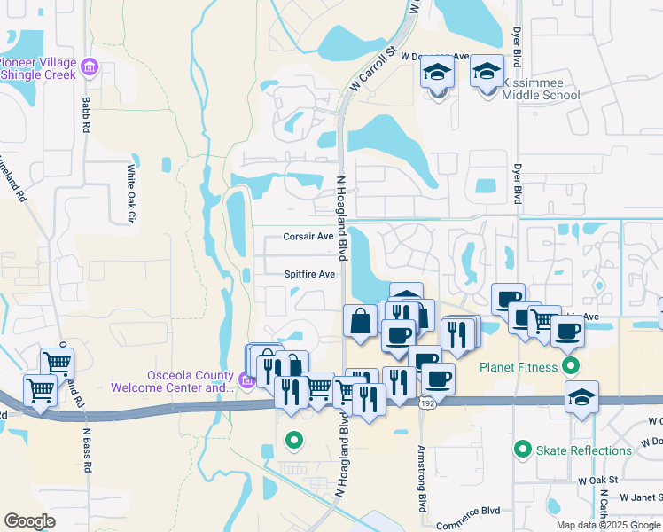 map of restaurants, bars, coffee shops, grocery stores, and more near 4106 Spitfire Avenue in Kissimmee