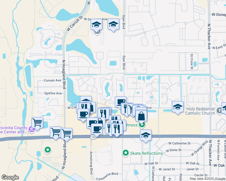 map of restaurants, bars, coffee shops, grocery stores, and more near 3512 Bonaire Blvd in Kissimmee