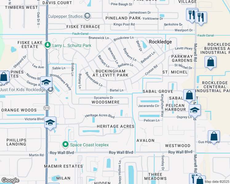 map of restaurants, bars, coffee shops, grocery stores, and more near 883 Bartel Lane in Rockledge