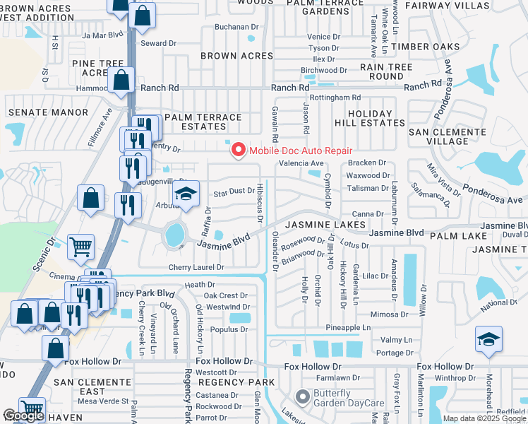 map of restaurants, bars, coffee shops, grocery stores, and more near 10520 Hibiscus Drive in Port Richey