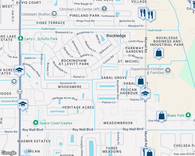 map of restaurants, bars, coffee shops, grocery stores, and more near 879 Evergreen Place in Rockledge