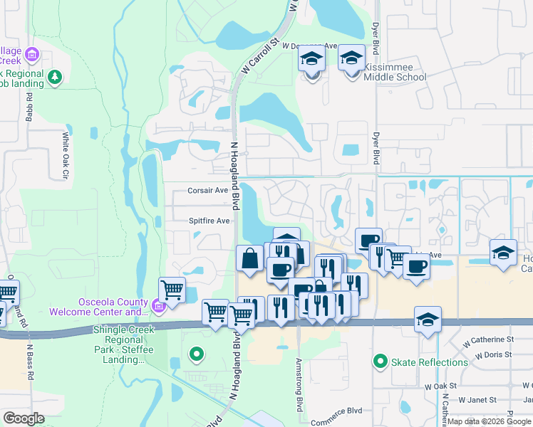map of restaurants, bars, coffee shops, grocery stores, and more near 3838 Nautical Way in Kissimmee