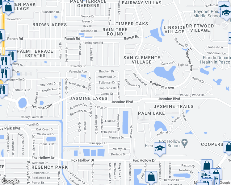 map of restaurants, bars, coffee shops, grocery stores, and more near 7919 Canna Drive in Port Richey