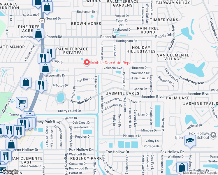 map of restaurants, bars, coffee shops, grocery stores, and more near 7608 Redcoat Avenue in Port Richey