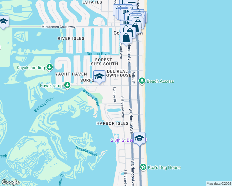 map of restaurants, bars, coffee shops, grocery stores, and more near 320 South 4th Street in Cocoa Beach