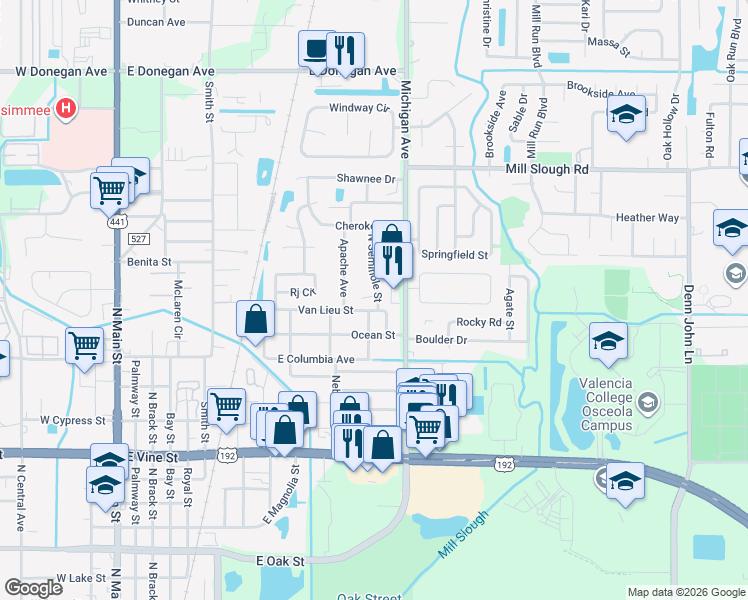 map of restaurants, bars, coffee shops, grocery stores, and more near 2222 North Seminole Street in Kissimmee