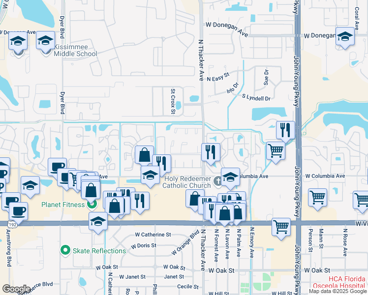 map of restaurants, bars, coffee shops, grocery stores, and more near 2127 Saint Marteen Court in Kissimmee