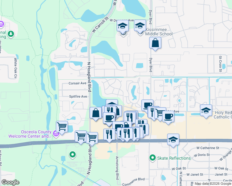 map of restaurants, bars, coffee shops, grocery stores, and more near 3828 Bowline Circle in Kissimmee