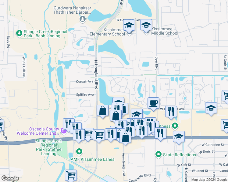 map of restaurants, bars, coffee shops, grocery stores, and more near 3838 Nautical Way in Kissimmee