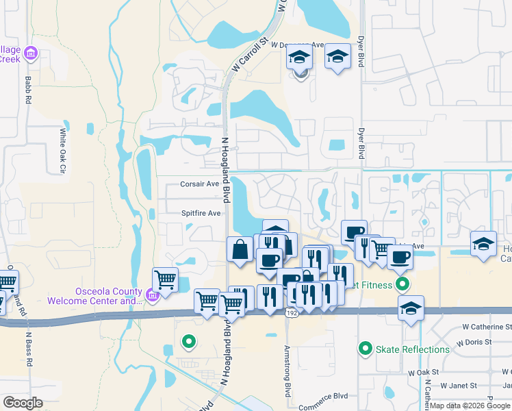 map of restaurants, bars, coffee shops, grocery stores, and more near 3838 Nautical Way in Kissimmee
