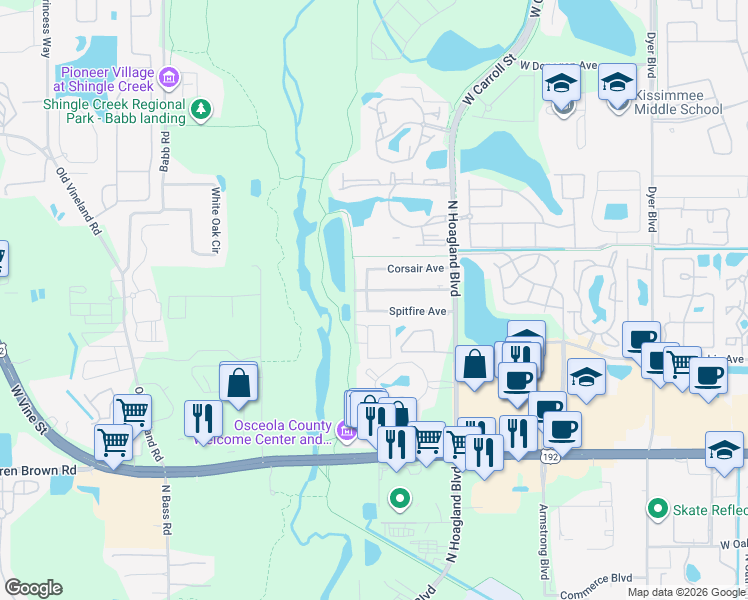 map of restaurants, bars, coffee shops, grocery stores, and more near 4175 Flying Fortress Avenue in Kissimmee