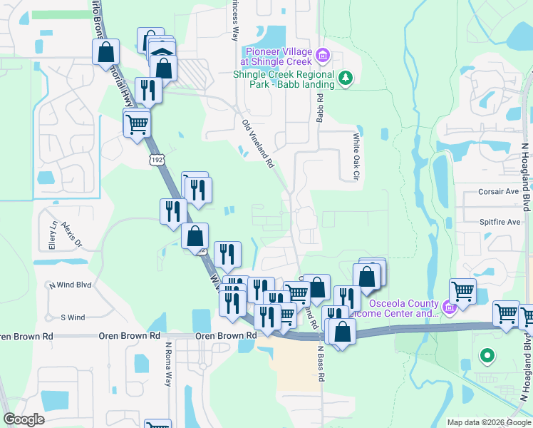 map of restaurants, bars, coffee shops, grocery stores, and more near 2200 Old Vineland Road in Kissimmee