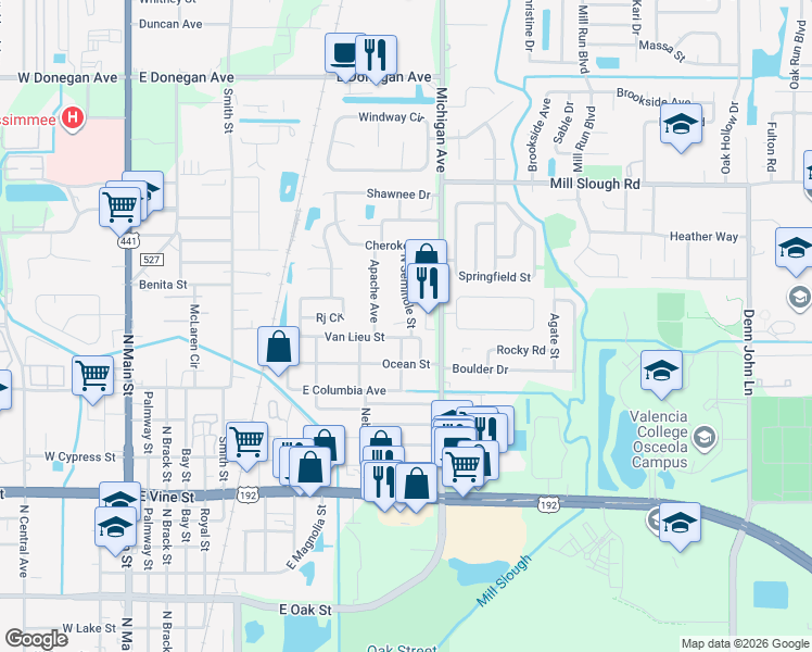 map of restaurants, bars, coffee shops, grocery stores, and more near 2222 North Seminole Street in Kissimmee