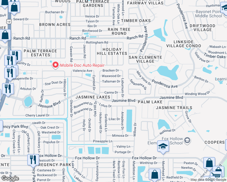 map of restaurants, bars, coffee shops, grocery stores, and more near 7839 Tropicana Drive in Port Richey