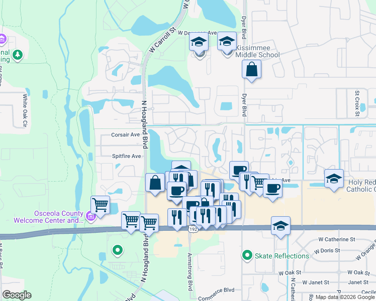 map of restaurants, bars, coffee shops, grocery stores, and more near 3828 Bowline Circle in Kissimmee