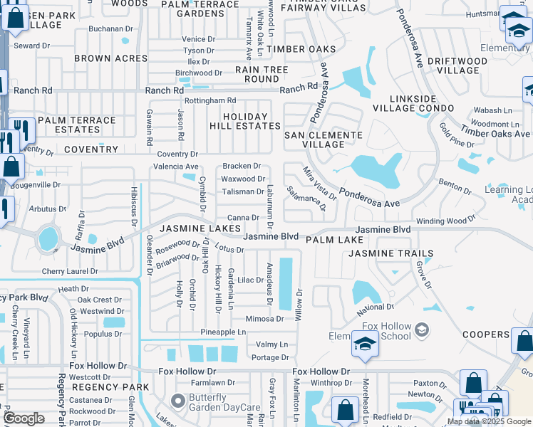 map of restaurants, bars, coffee shops, grocery stores, and more near 7925 Canna Drive in Port Richey