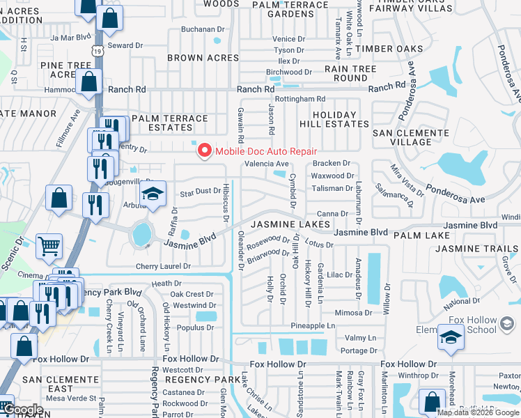 map of restaurants, bars, coffee shops, grocery stores, and more near 7601 Jasmine Boulevard in Port Richey