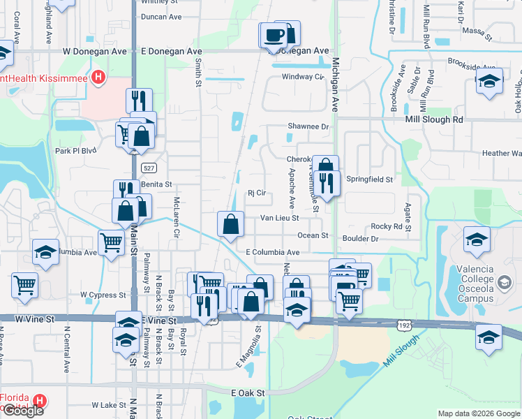 map of restaurants, bars, coffee shops, grocery stores, and more near 2127 Rj Circle in Kissimmee