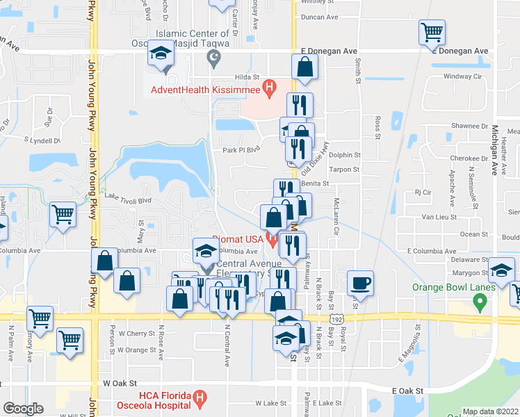 map of restaurants, bars, coffee shops, grocery stores, and more near 215 Poinciana Circle in Kissimmee