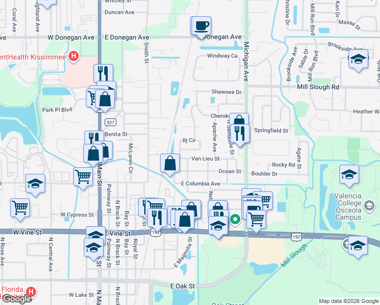 map of restaurants, bars, coffee shops, grocery stores, and more near 2127 Rj Circle in Kissimmee