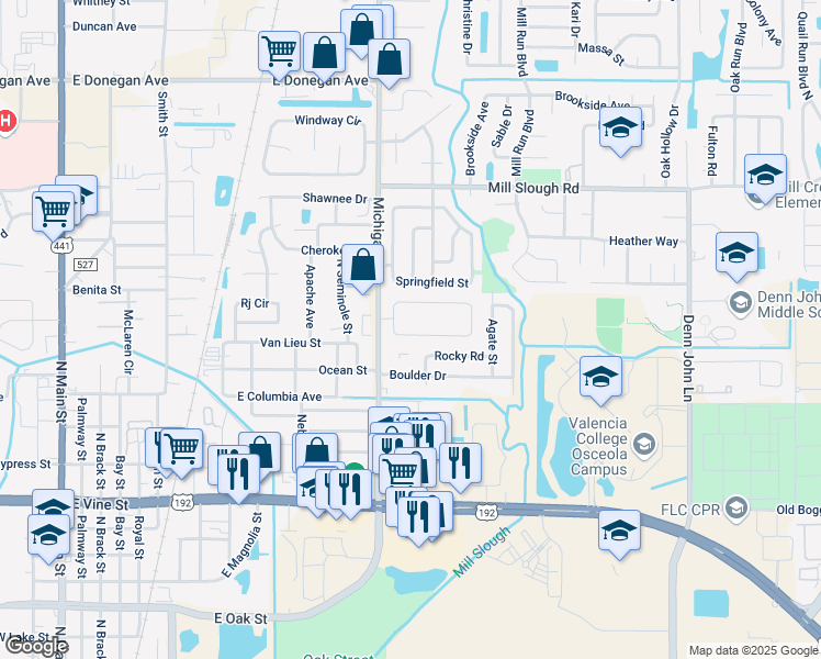 map of restaurants, bars, coffee shops, grocery stores, and more near 1317 Sierra Circle in Kissimmee