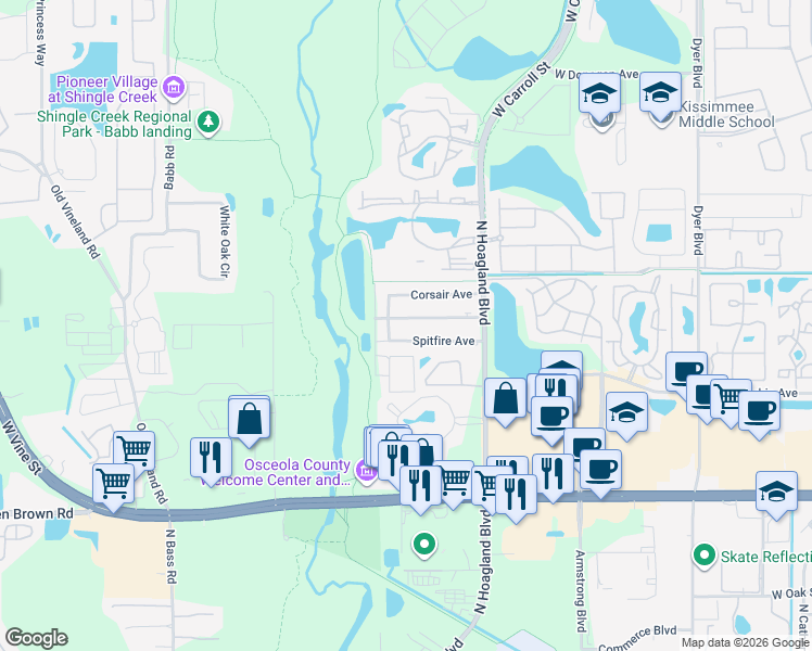 map of restaurants, bars, coffee shops, grocery stores, and more near 4175 Flying Fortress Avenue in Kissimmee