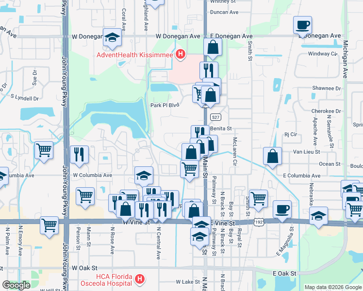 map of restaurants, bars, coffee shops, grocery stores, and more near 215 Poinciana Circle in Kissimmee