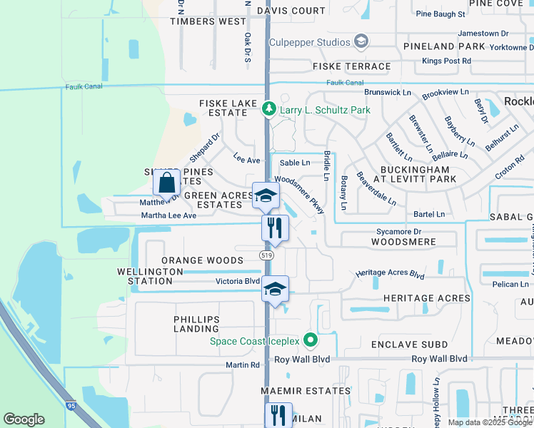 map of restaurants, bars, coffee shops, grocery stores, and more near 2991 South Fiske Boulevard in Rockledge