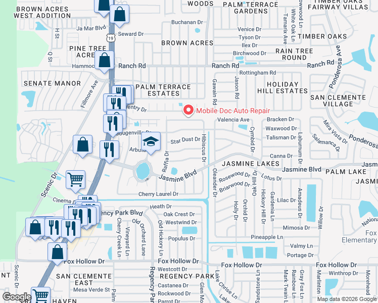 map of restaurants, bars, coffee shops, grocery stores, and more near 7338 Tangelo Avenue in Port Richey