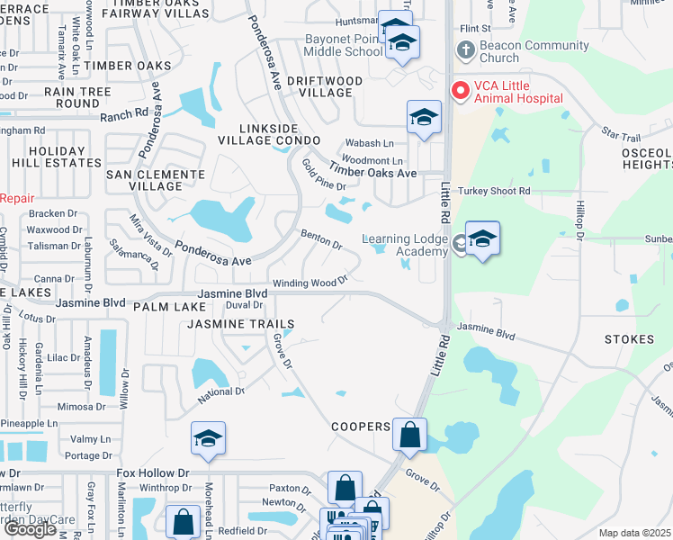 map of restaurants, bars, coffee shops, grocery stores, and more near 10534 Hardwood Court in Port Richey