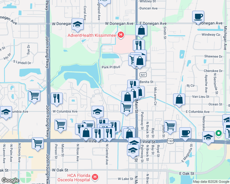 map of restaurants, bars, coffee shops, grocery stores, and more near 215 Poinciana Circle in Kissimmee