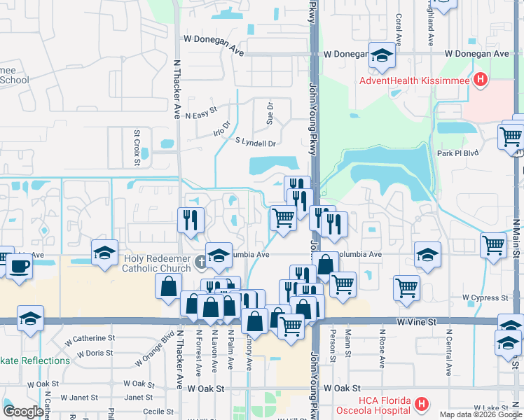 map of restaurants, bars, coffee shops, grocery stores, and more near 2150 Penny Lane in Kissimmee