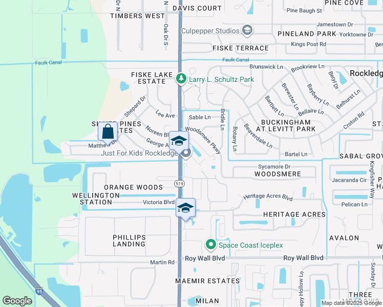 map of restaurants, bars, coffee shops, grocery stores, and more near 2990 South Fiske Boulevard in Rockledge