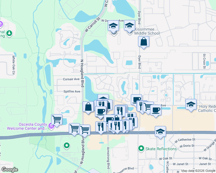 map of restaurants, bars, coffee shops, grocery stores, and more near 3816 Breakwater Way in Kissimmee