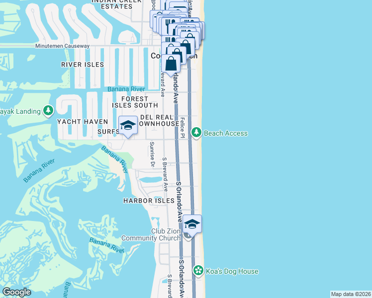 map of restaurants, bars, coffee shops, grocery stores, and more near 442 South Atlantic Avenue in Cocoa Beach