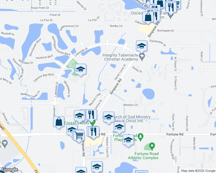 map of restaurants, bars, coffee shops, grocery stores, and more near 2176 Jessa Drive in Kissimmee