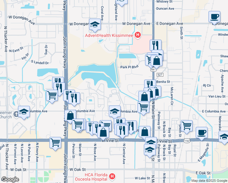map of restaurants, bars, coffee shops, grocery stores, and more near 425 Fountainhead Circle in Kissimmee