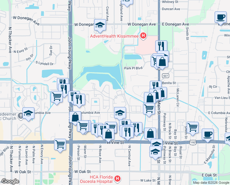 map of restaurants, bars, coffee shops, grocery stores, and more near 421 Fountainhead Circle in Kissimmee