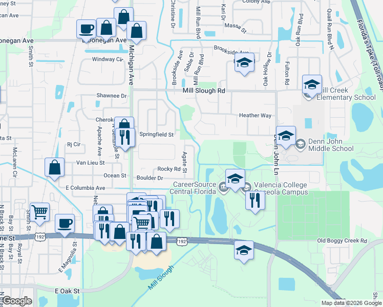 map of restaurants, bars, coffee shops, grocery stores, and more near 2122 Agate Street in Kissimmee
