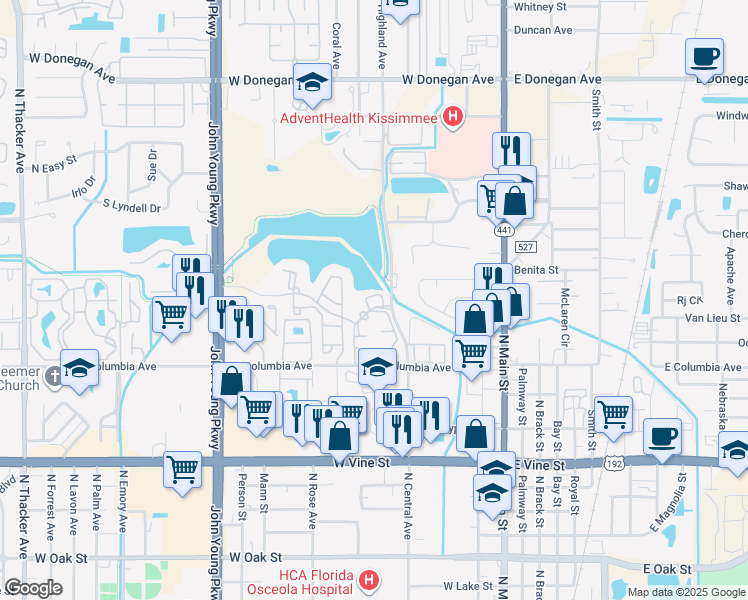 map of restaurants, bars, coffee shops, grocery stores, and more near 421 Fountainhead Circle in Kissimmee