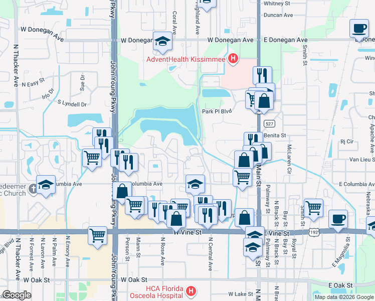 map of restaurants, bars, coffee shops, grocery stores, and more near 421 Fountainhead Circle in Kissimmee
