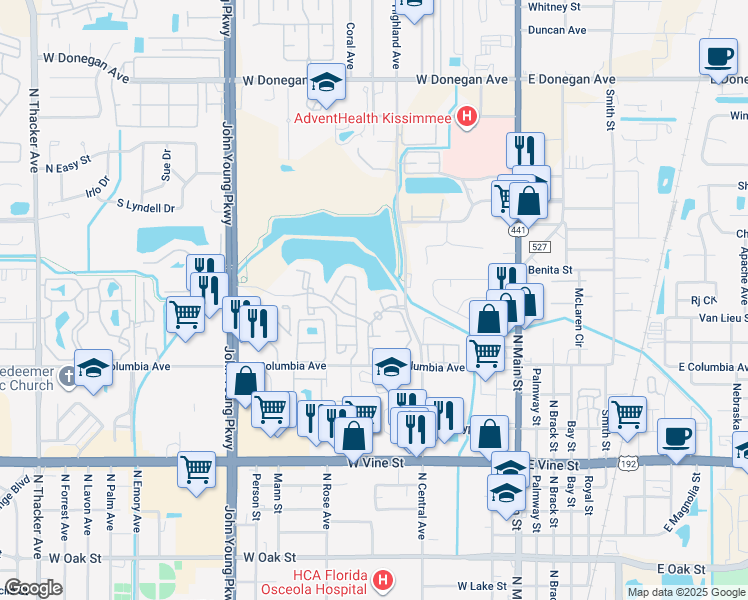 map of restaurants, bars, coffee shops, grocery stores, and more near 421 Fountainhead Circle in Kissimmee