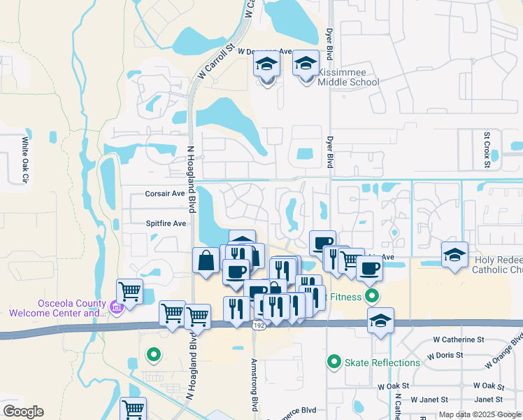 map of restaurants, bars, coffee shops, grocery stores, and more near 3828 Bowline Circle in Kissimmee