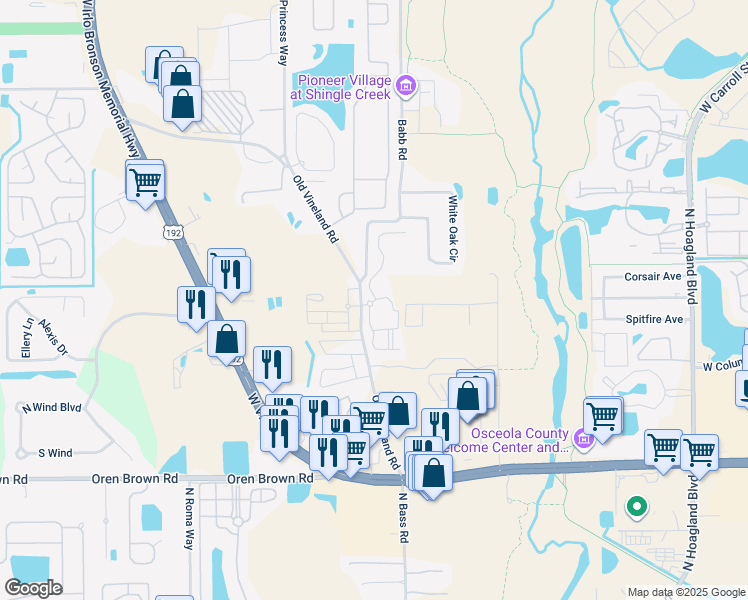 map of restaurants, bars, coffee shops, grocery stores, and more near 2201 Cross Timbers Place in Kissimmee