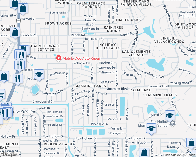 map of restaurants, bars, coffee shops, grocery stores, and more near 7734 Tropicana Drive in Port Richey