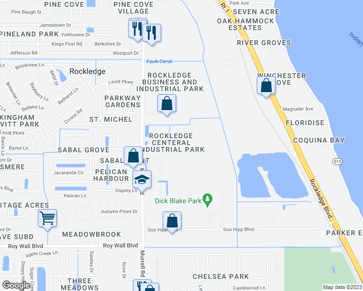 map of restaurants, bars, coffee shops, grocery stores, and more near 375 Commerce Parkway in Rockledge