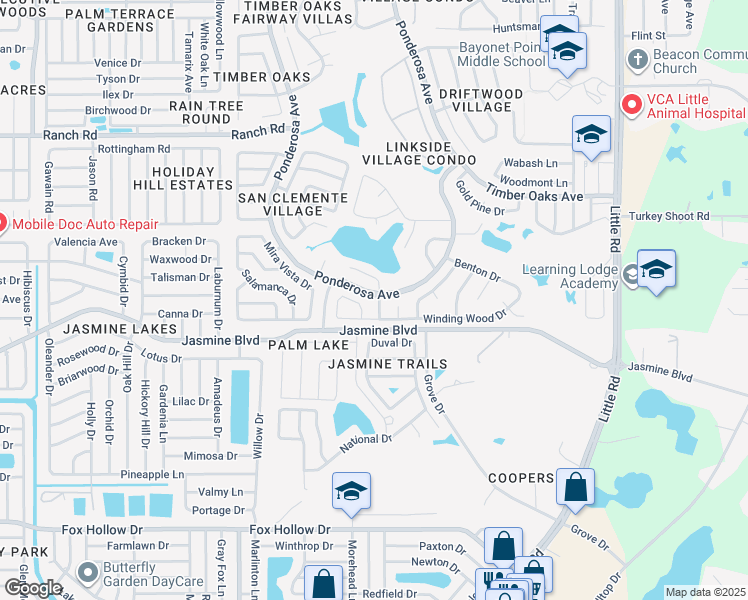 map of restaurants, bars, coffee shops, grocery stores, and more near 10531 Meadow Hill Drive in Port Richey
